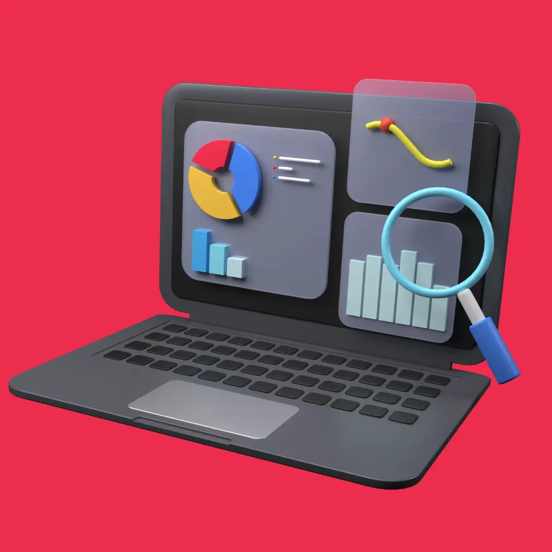 3D illustration of a laptop displaying data charts and analytics, representing web design services focused on performance tracking and user engagement.